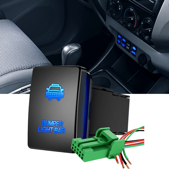 Push Button Switch 12V with Connector Wire Kit - Blue LED Light Compatible with Toyota Sequoia Highlander Tacoma Tundra 4Runner (Surface Size 1.28 x 0.87")
