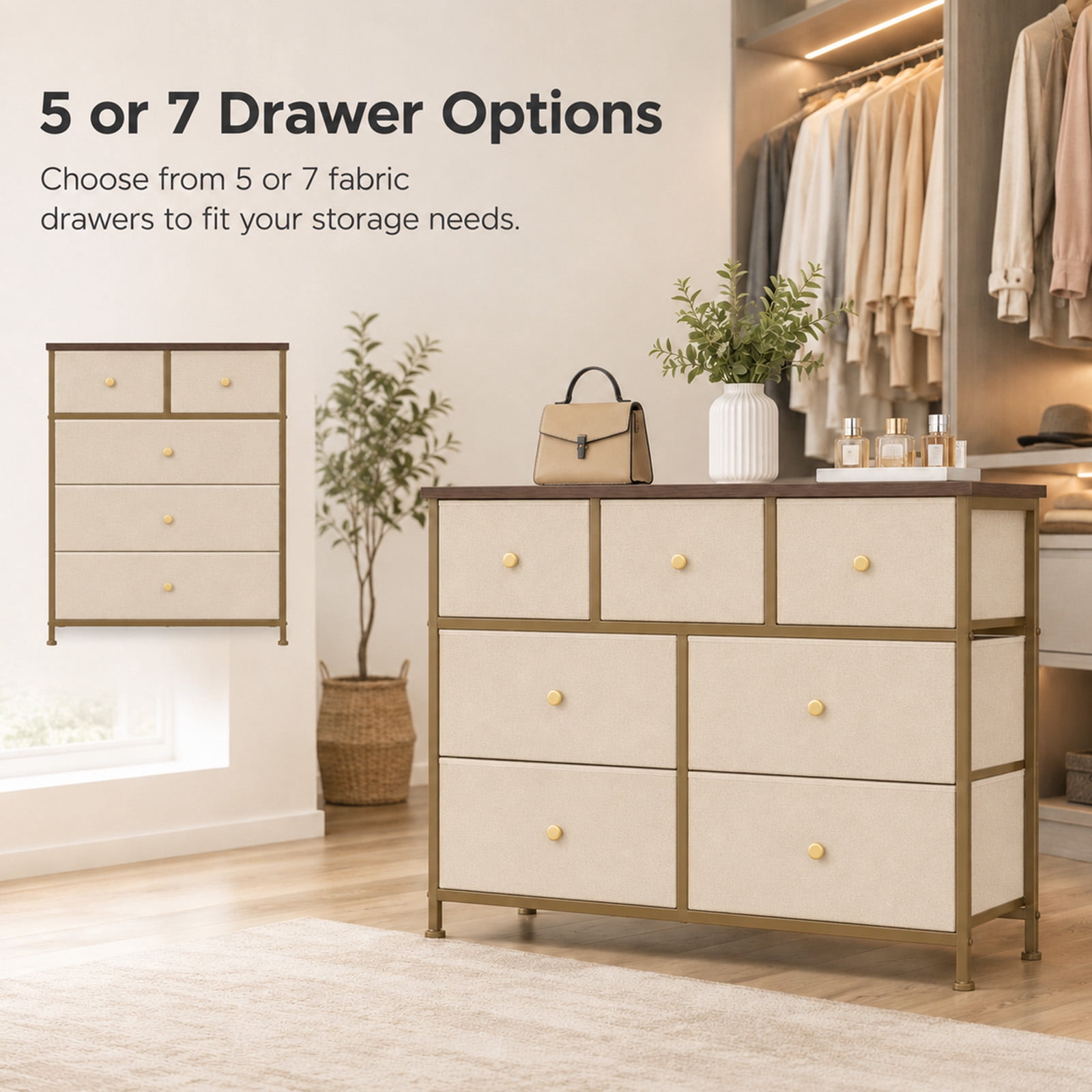Alvantor 5/7 Drawer Fabric Dresser, Storage Tower for Bedroom and Closet, Chest of Drawers with Sturdy Steel Frame & Wooden Top for Living Room, Entryway
