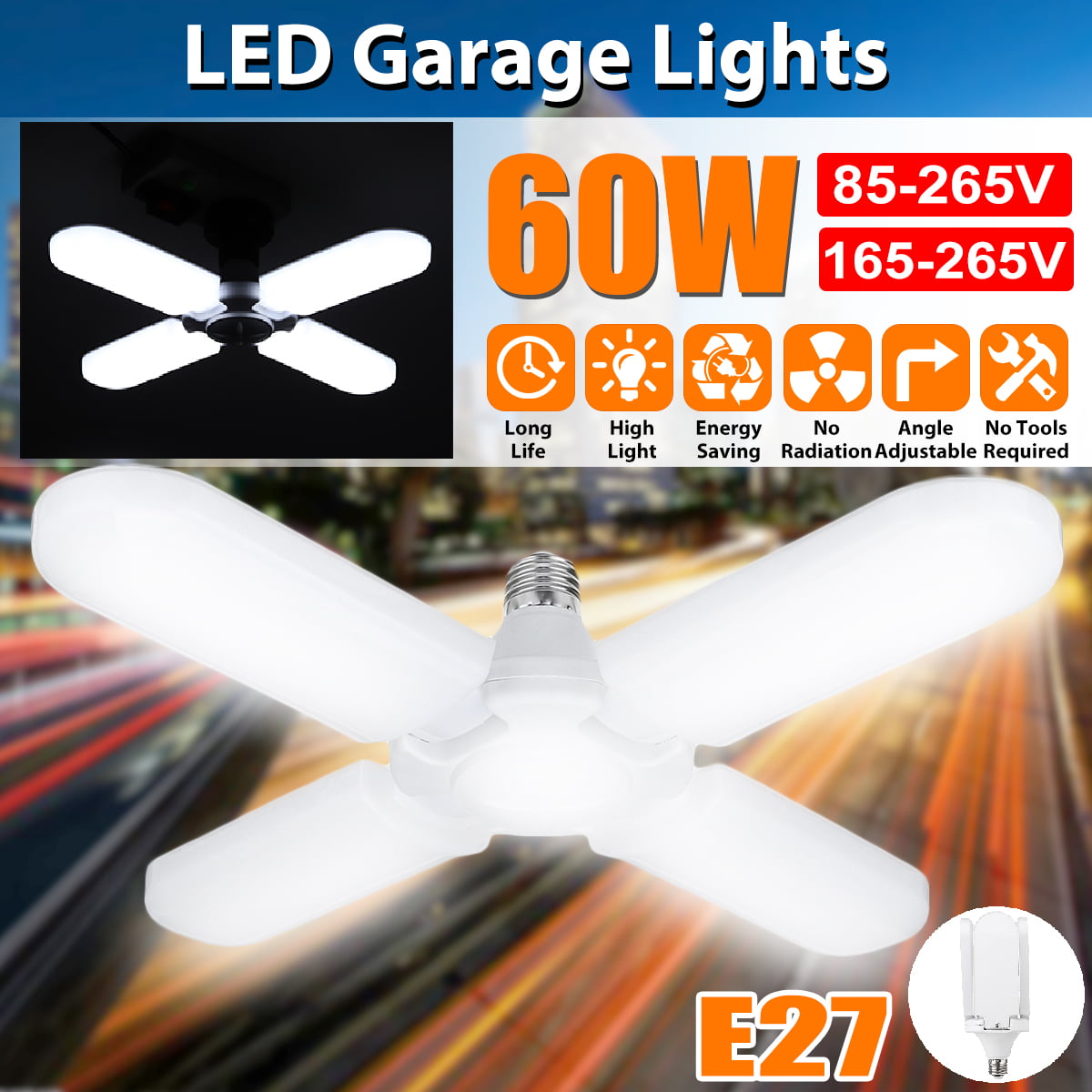 60W E27 LED Ceiling Fan Lamp Shop Work Light Indoor Folding Garage Lamp 85-265V 