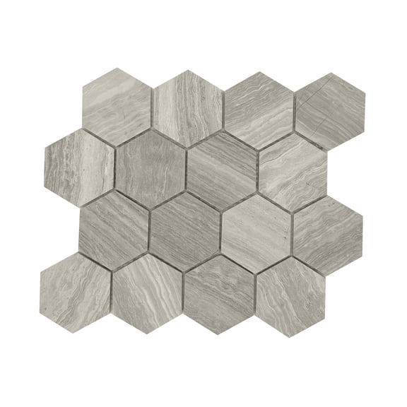 Wooden Gray Marble Hexagon Mosaic Tile, 3" Tiles on 12" x 10" Sheet, 4.17 sq. ft/Box, 5 Pack