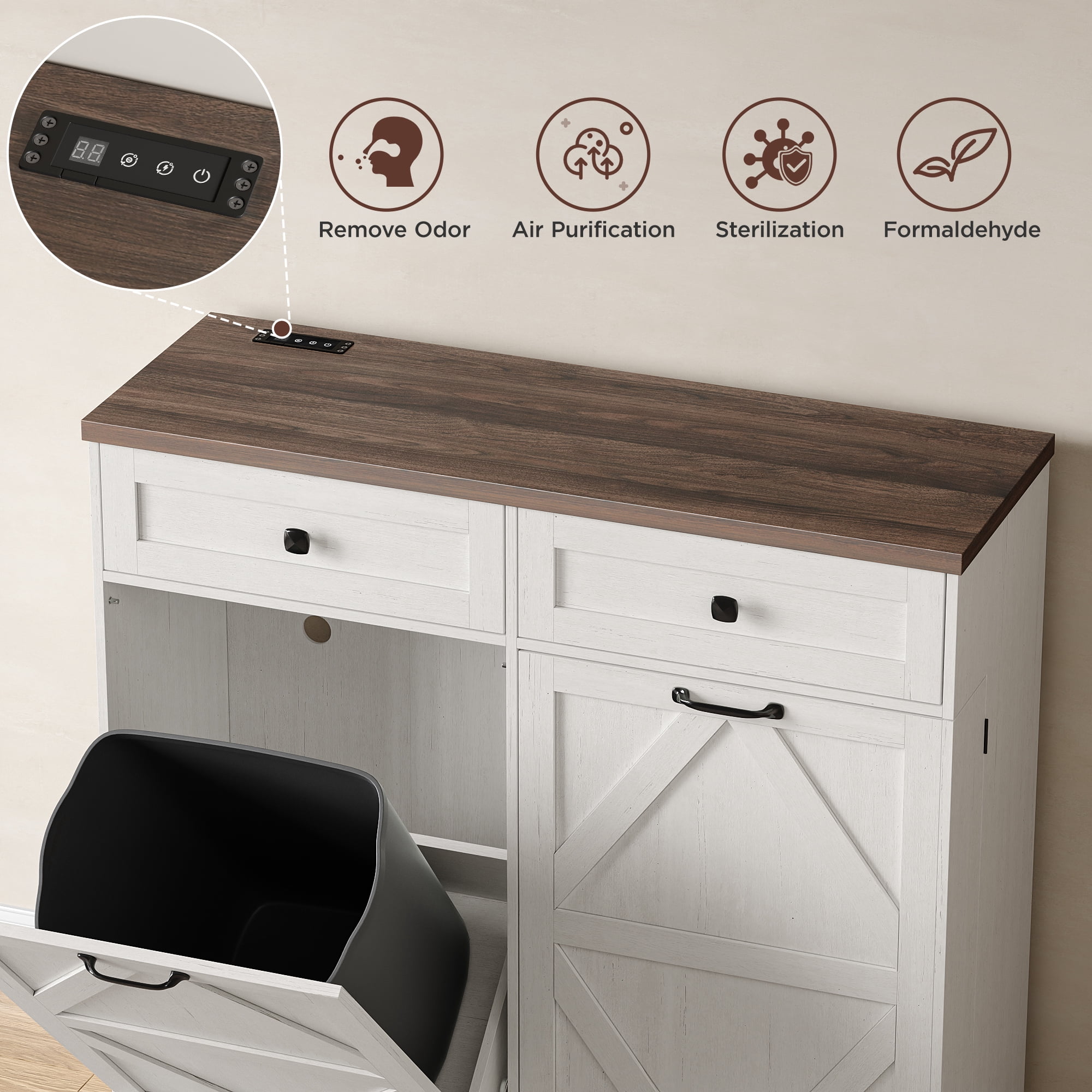 VEANERWOOD Tilt Out Trash Cabinet for 13 Gallon Garbage Can, Kitchen Storage Cabinet with Remove Odor, 2 Drawer and Spice Rack, White