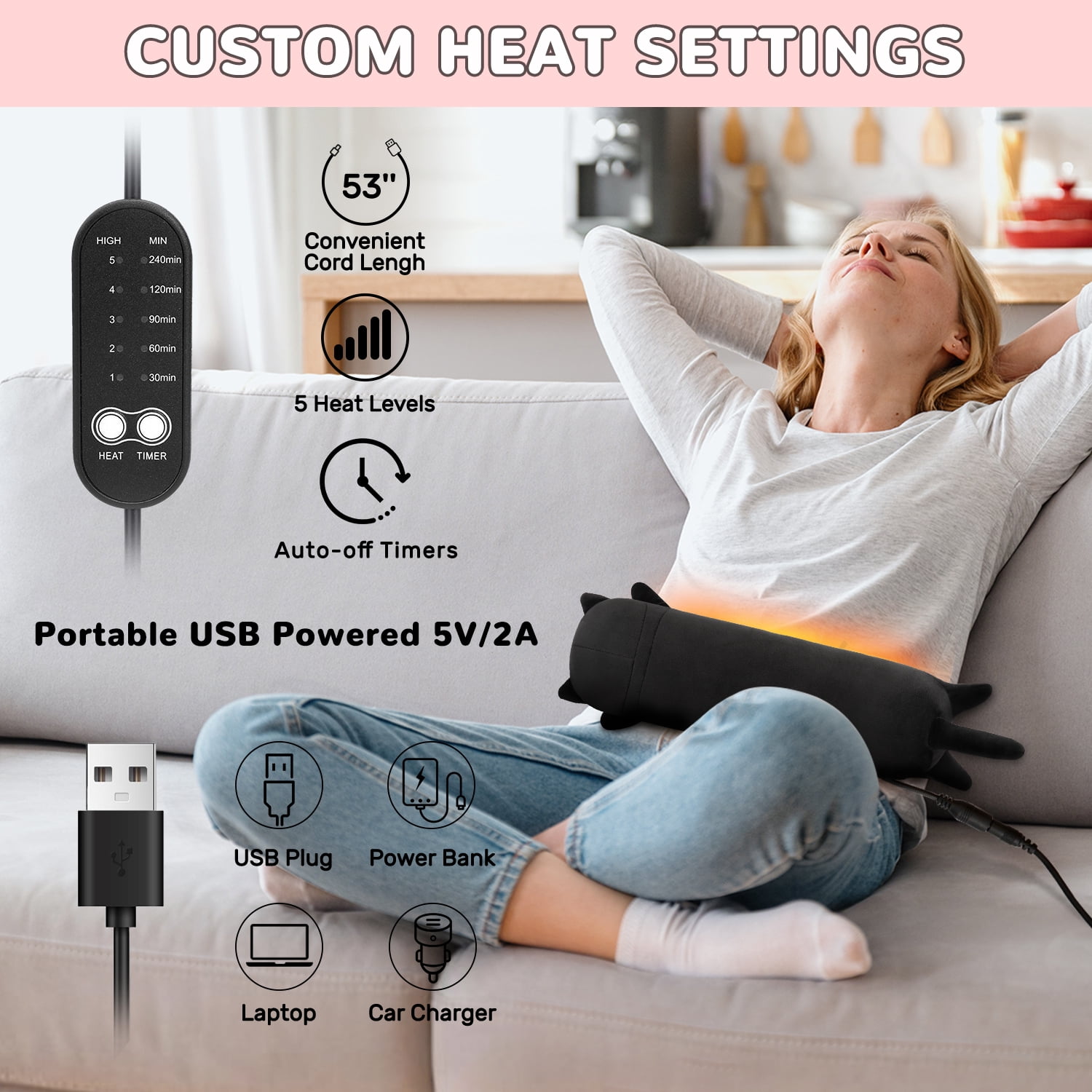 Heating Pad Cat Plush Heat Pad Stuffed Animal USB Powered,Heating Pad for Back,Neck,Abdomen, Shoulder,Knee,Arms,Legs,Birthday Gifts for Women Mother