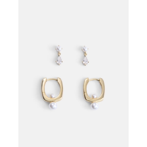 Free Assembly Women's Demi Fine 14K Gold Plated Cubic Zirconia and Simulated Pearl Earring Set, 2-Pair