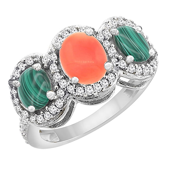 10K White Gold Natural Coral & Malachite 3-Stone Ring Oval Diamond Accent, size 7