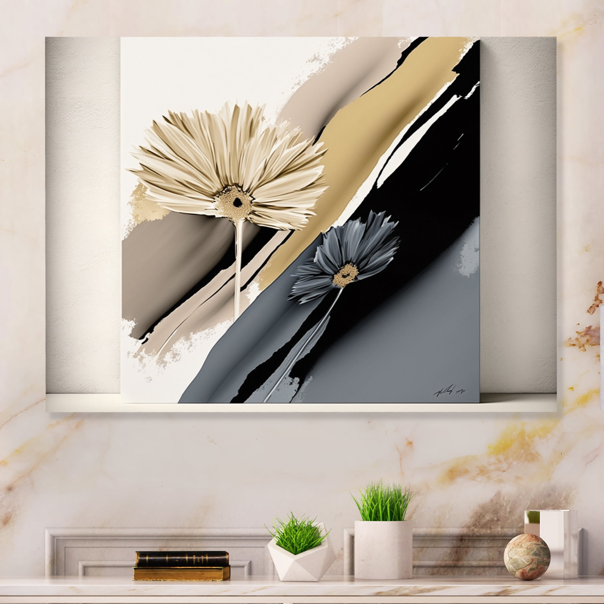 Designart Beige And Black Gerbera Hyperrealistic Flowers Canvas Wall Art
