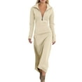 thumbnail image 2 of Hfnxid Women's Maxi Dress Slim Fit Half Zip Collar Frock Tunic Solid Long Sleeve Dress Fashion Comfy Flowy Pullover Frock With Pocket Beige S, 2 of 9