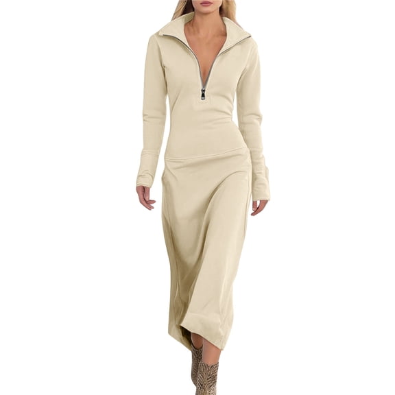 Work Dresses for Women 2026 Solid Color Long Sleeve Business Dress Elegant Half Zipper Office Maxi Dresses