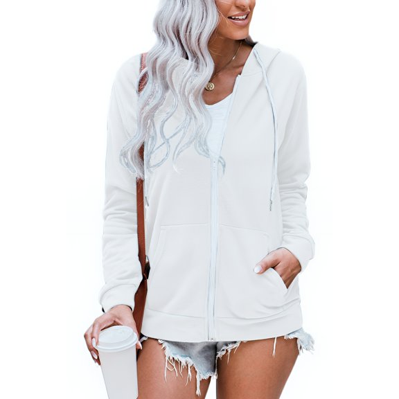 Womens Full Zip Up Loose Hoodie Jacket with Pockets Comfy Casual Long Sleeve Sweatshirt Drawstring Hoodies Outerwear, White, S
