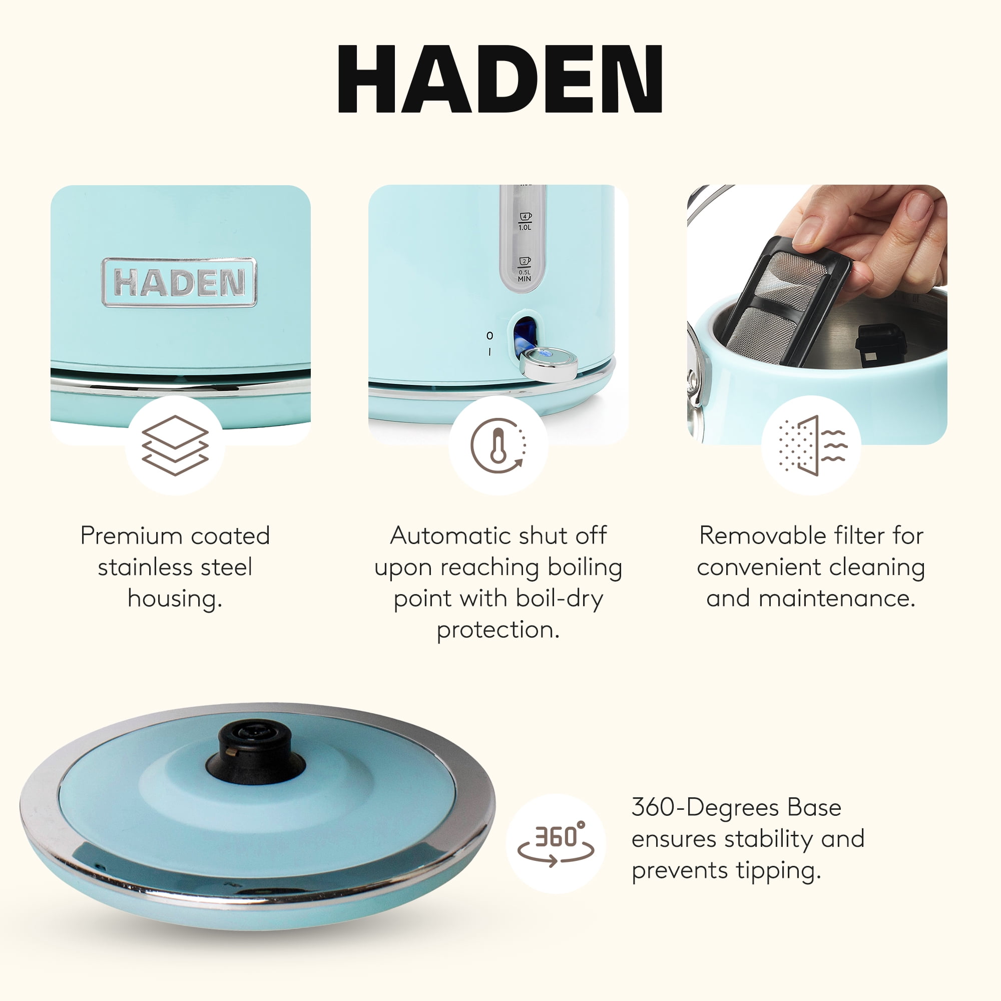 Haden Heritage 1.7 Liter Stainless Steel Electric Tea Kettle, Turquoise - 75004