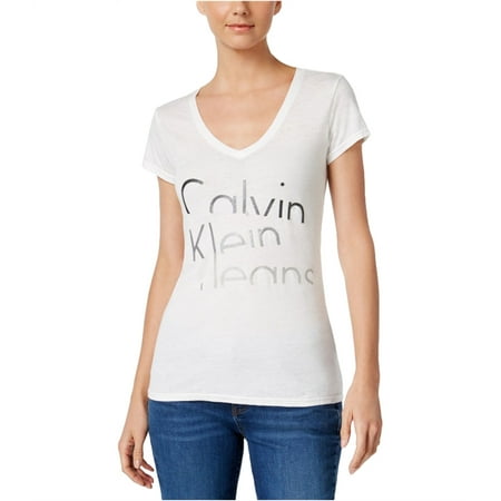 Calvin Klein Womens Stacked Logo Graphic T-Shirt, White, X-Large
