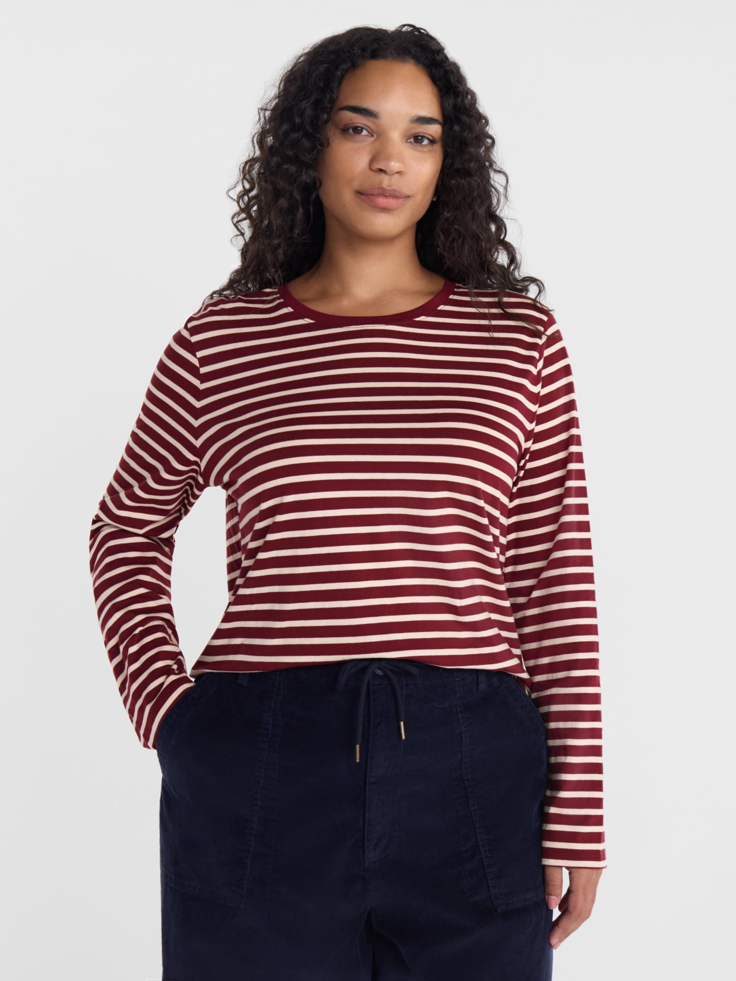 Scenario Women's Cotton Crewneck Tee with Long Sleeves, Sizes XS-XXXL