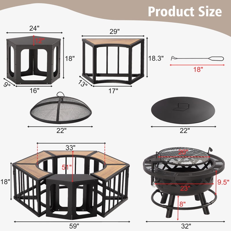 GAZEBETER 51" Fire Pit,Outdoor Wood Burning Fire Pits with Lids,Fire Poker and Metal Side Table,BBQ Fire Pits for Picnic Party, Natural Wood Grain