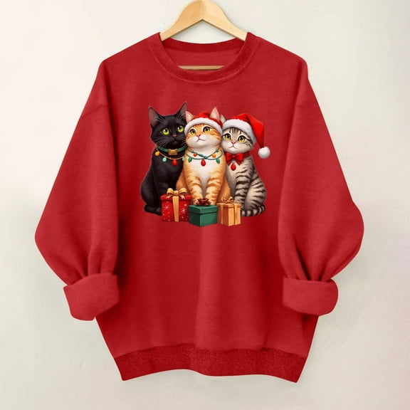 SYMOID Womens Christmas Cat Sweatshirt, Red 100% Cotton Crewneck Loose Fit with Santa Hat Cat Print Festive Holiday Apparel,Size XL