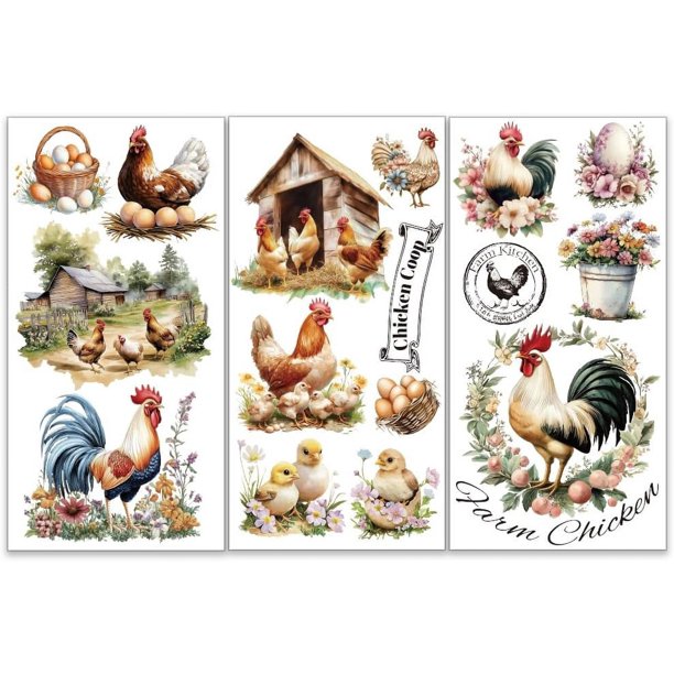 Juego de 3 calcomanías de granja para muebles y manualidades (6x12 pulgadas): gallo, gallina, huevo, flores y motivos campestres.