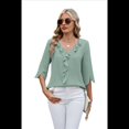 thumbnail image 3 of Blusas Informales Elegantes para Mujer, con Mangas 3/4, Cuello en V y Volantes, Verde , Talla S, 3 of 7
