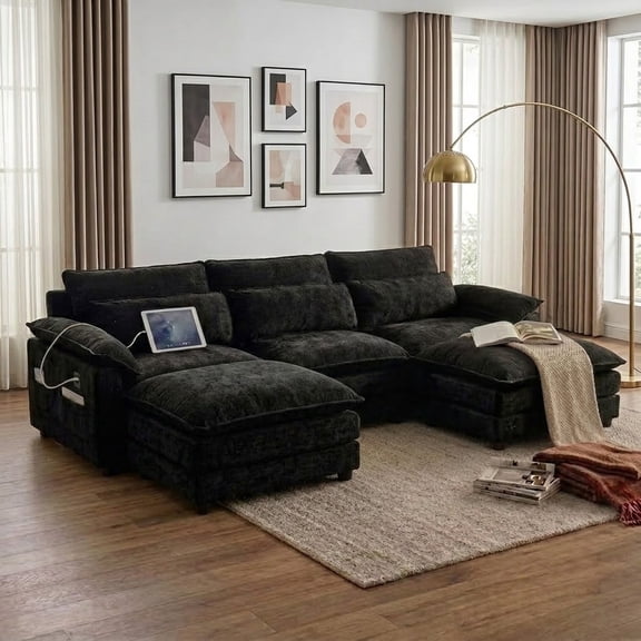 Howcool 113" Modular Sectional Sofa, U-Shaped 3 Seater Cloud Couch with Movable Ottoman, Deep Seat Chenille Sofa with USB Charging Ports & Side Pockets for Living Room, Black