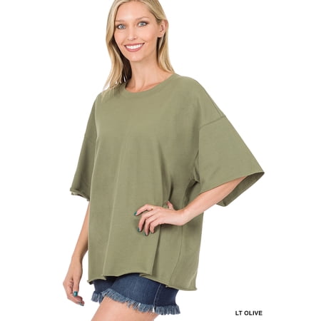 Zenana Plus Cotton French Terry Drop Shoulder Raw Edge Relaxed Casual Solid Tee Shirt Top price history on PriceWatchPro