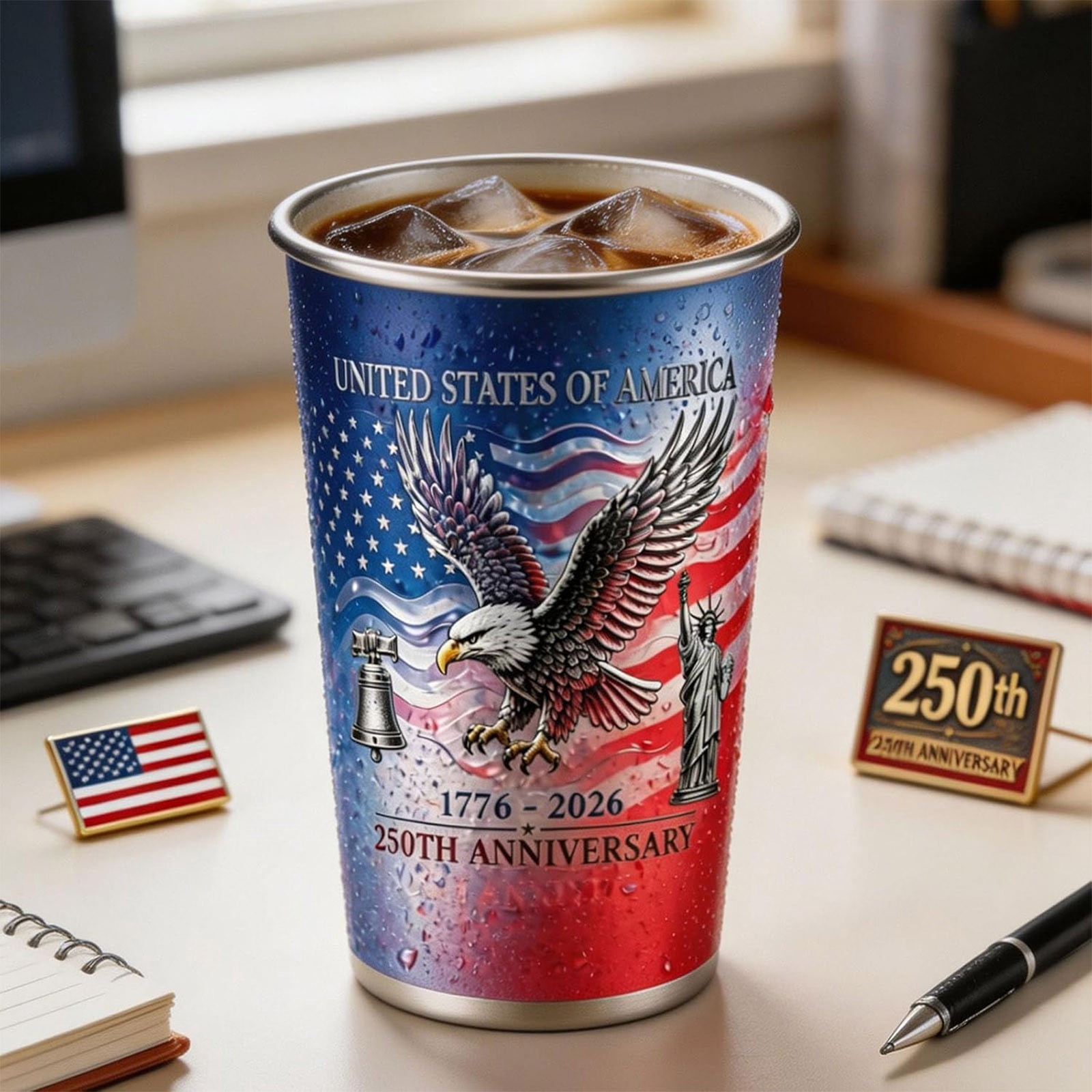 USA 250th Anniversary Color Changing Tumbler, Stainless Steel Color-Changing Insulated Mug, 16oz Cold Activated Color Changing Tumbler, Reusable BPA-Free Drink Cup