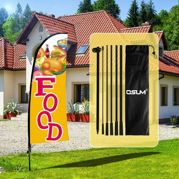 QSUM Food Sign Feather Flag with Pole Kit,7FT Food Decoration Display, Food Business Sign,Food Swooper Flag，Advertising Flag