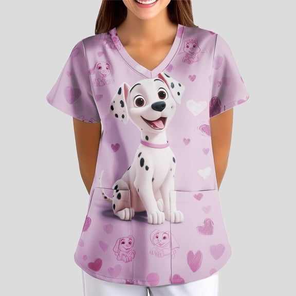 Iaqnaocc Scrub Tops Women Funny Dog Animal Print Nursing Uniform Trendy V Neck Side Slits Scrub Shirt Holiday Short Sleeve Tees Blouse with Pockets Watermelon Red S