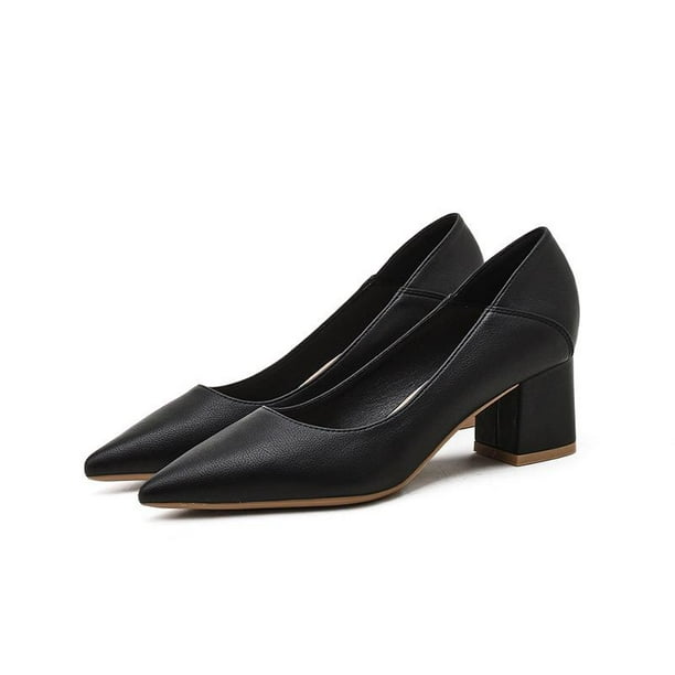 Pointed toe thick heel shallow high heels soft leather commuting professional work shoes Walmart