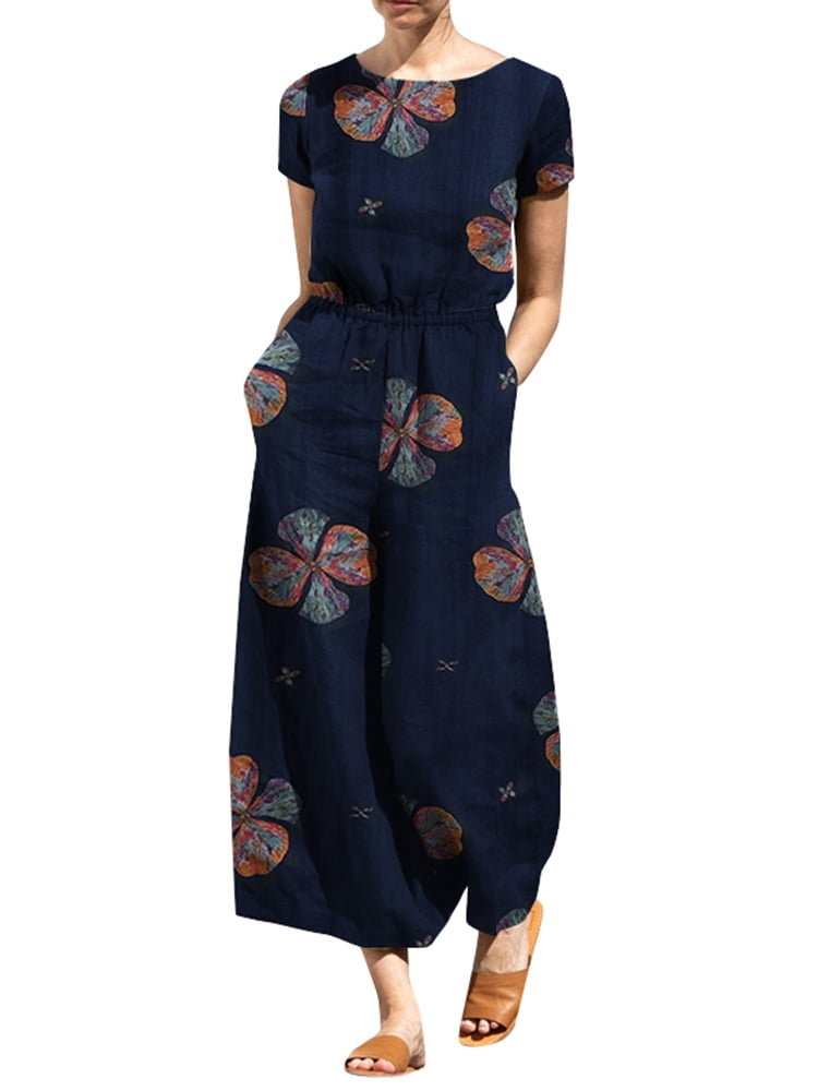 ZANZEA Women Floral Printed Jumpsuit Short Sleeve O-Neck Playsuits Wide ...