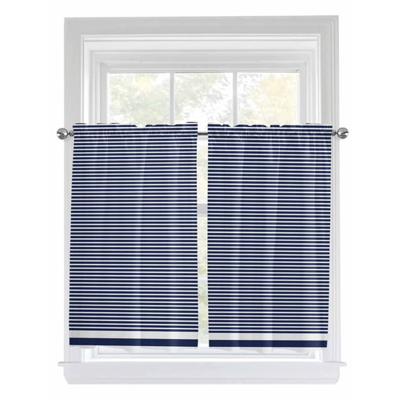 Tier Curtains 45 Inches Long, Farmhouse Navy Blue White Striped Window Treatment Curtain Drapes, Modern Stripes Window Half Privacy Curtains for Bedroom Bathroom, 42"x45", 2 Panels