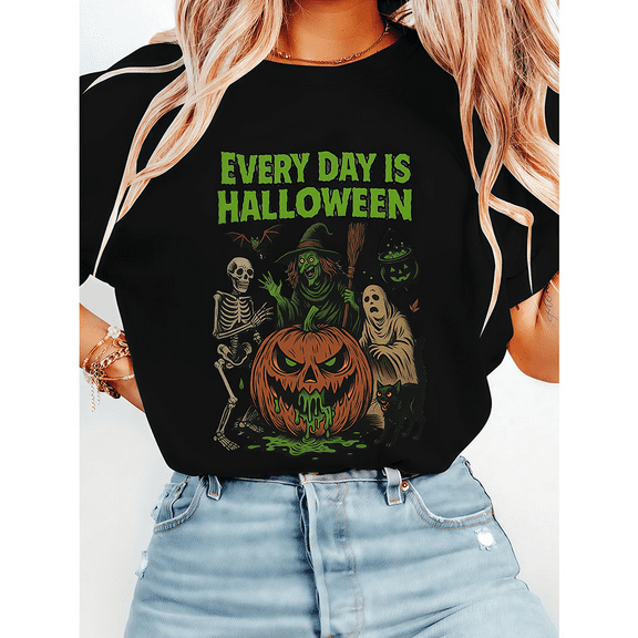 Vintage Halloween Short Sleeve Tops Every Day Is Halloween Print T-shirts Horror Charactersr Graphic Tees Cotton Shirts Black,S