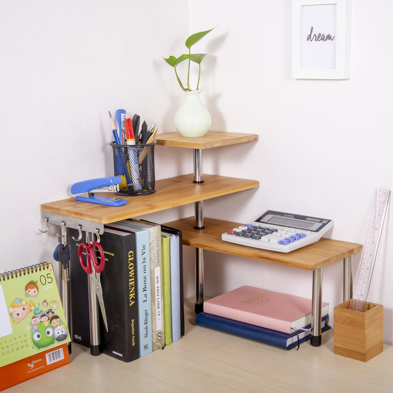 Bamboo 3 Tier Kitchen Corner Shelf Desktop Rack Unit Stainless Steel  Kitchen Office Desk Organiser Bookshelf Display Shelves 