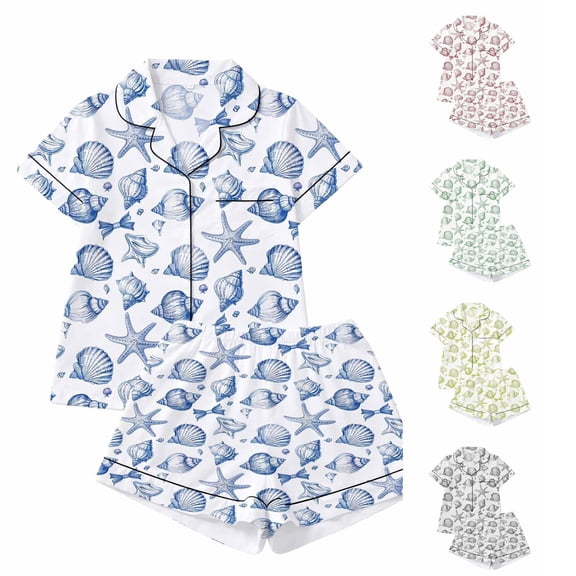 RUTAYY Women's Pajama Set Seashell Starfish Print Lapel Short Sleeve Open Front Top and Shorts 2 Piece Loungewear Blue