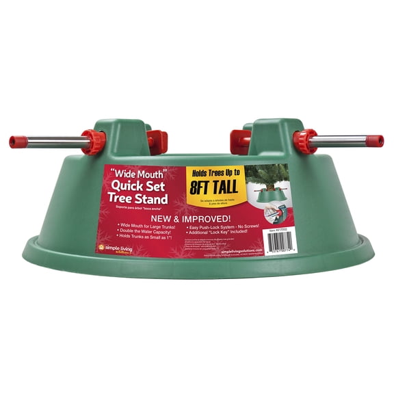 Simple Living Solutions, Quickset Christmas Tree Stand, Large, for Trees up to 10 ft, Holds 2.5 gallons of Water, Quick and Easy Push-Lock System, Green, 22.8in L x 22.8in W x 8.2in H