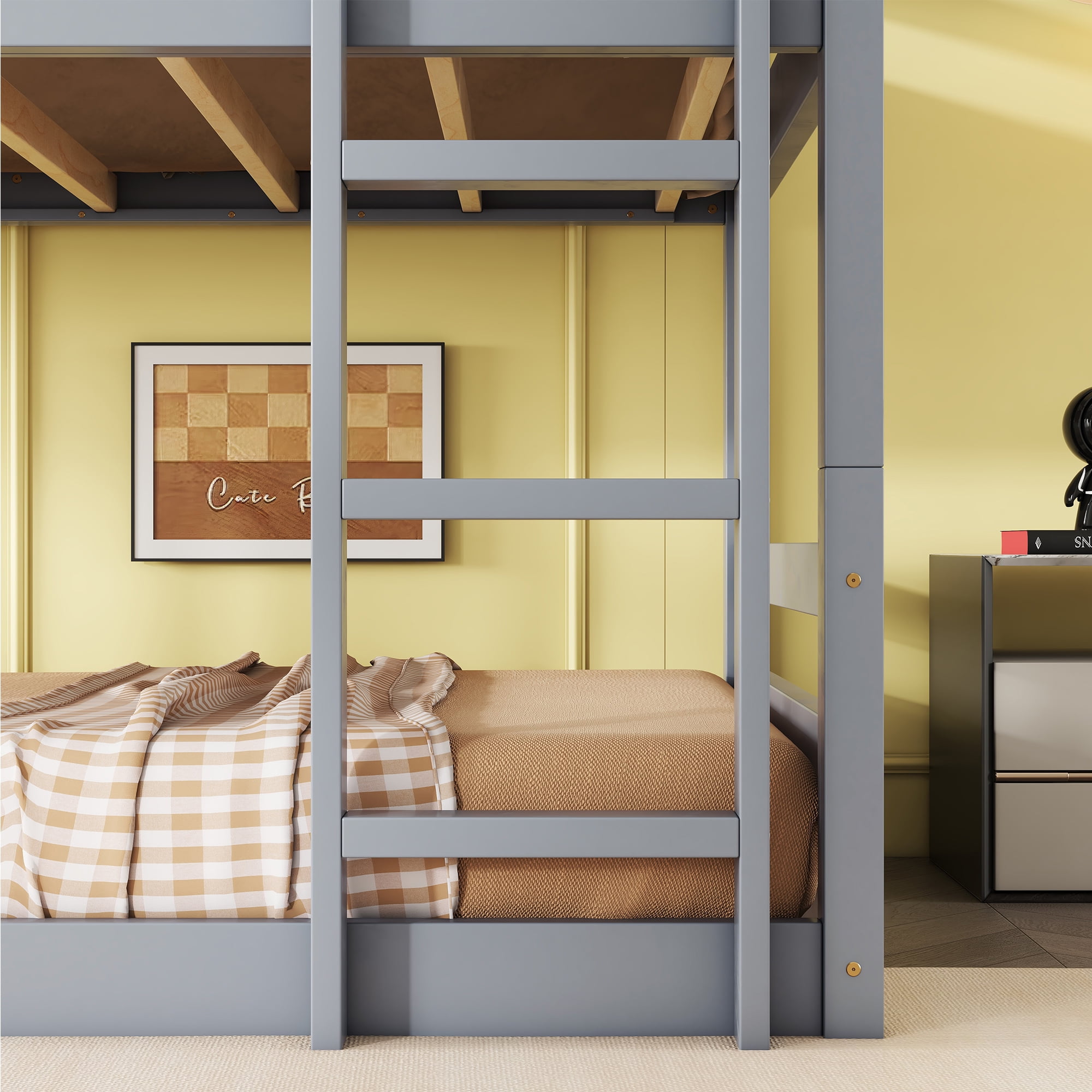 Sailvan Bunk Bed Twin over Twin over Twin with Two Built-in Ladders Guardrails, Wood, Detachable Triple Twin Bunk Bed