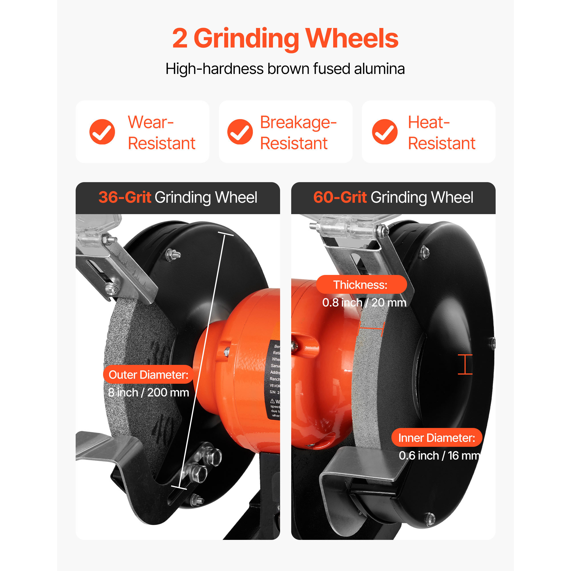 KFFKFF 8-Inch Variable Speed Bench Grinder, 2000-3450RPM Table Grinder with 550W Induction Motor, 36/60-Grit Grinding Wheels & Adjustable Eye Shield for Sharpening and Grinding Tasks