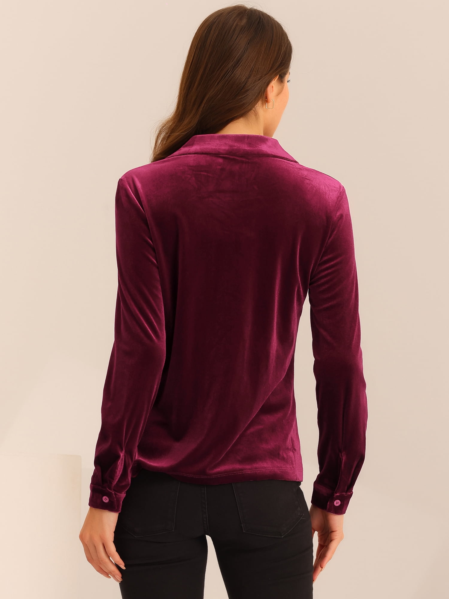 DARING DIVA Women's Retro Velvet V Neck Long Sleeve Button Down Shirt M Burgundy