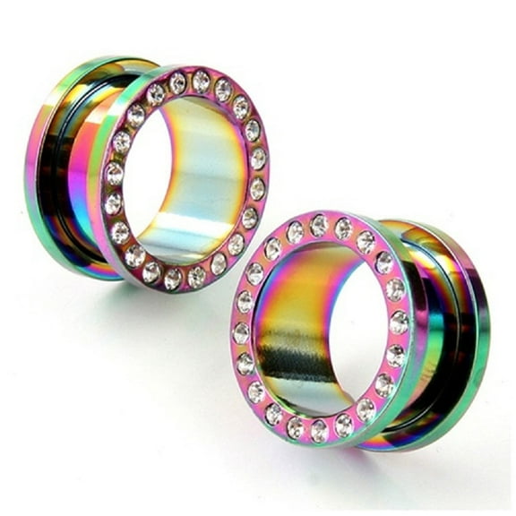 Oil Slick Multicolor Titanium with CZ Over Surgical Steel Screw-on Plugs/Gauges 1/2'' (12MM) 2 Pieces (1 Pair) (B/64)