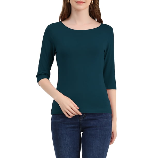 INSPIRE CHIC Camisetas de Mujer de Manga Corta Cuello Barco Ajustadas Casual Color Sólido Verde Oscuro XS