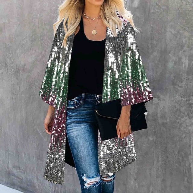 LOVZFMLL Cardigan pour Femmes Cardigan à Sequins Manches Trois-Quarts Haut Fin