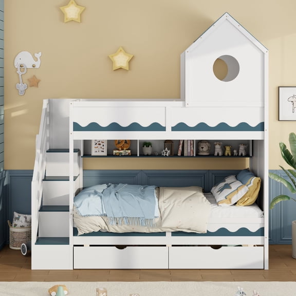 Twin Size Bunk Bed Frame with Stairs Shelf and Storage Drawers, Castle House Shape Bunk Beds with LED Lights for Bedroom, Apartment, Mattress not included, White