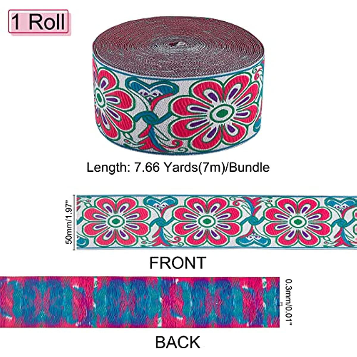 Jacquard Ribbon 11/16  (18mm) Pink Flower on White priced Per Yard