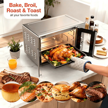 French Door Toaster Oven, 8-in-1 Countertop Oven with Infrared SpeedHeat, 40QT(38L) Fits 12" Pizza, 158°F-482°F Temp Control, 60-Min Timer, Stainless Steel for Bake Broil Toast Roast