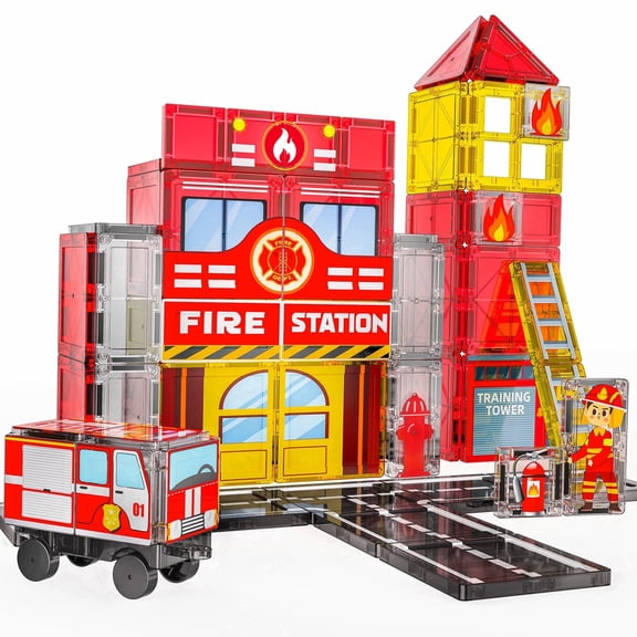 SKTMYY Fire Station Magnetic Tiles Building Set with Fire Truck, Firefighter Figures and Road Tiles, STEM Construction Toy for Boys and Girls Ages 3-8