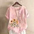 thumbnail image 1 of Femmes Tops Femmes Été Tops 2023 Femmes Oversize Été Casual Col Rond Manches Courtes Fleur Impression en Vrac Chemise Tops Rose S, 1 of 5
