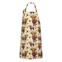 Beige Highland Cow Sunflower Pattern Apron-Garden Aprons for Women with Pockets-Cotton Linen Waterproof Kitchen Cooking Gardening Aprons Adjustable for Kitchen,Cooking,BBQ and Salon 33x27 Inch