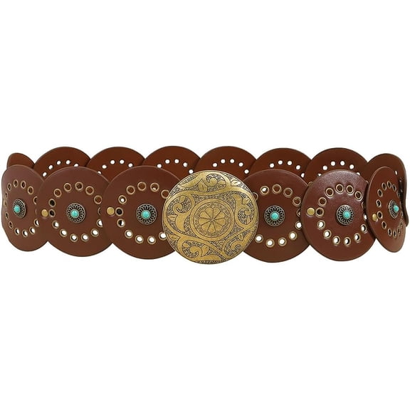 Brown Western Pu Leather Belt Wide Vintage Boho Hollow Oval Cowboy Disc Fashion Waist Chain Belts with Alloy Buckles for Women Dress Jeans Costumes Party Club Cosplay Accessories