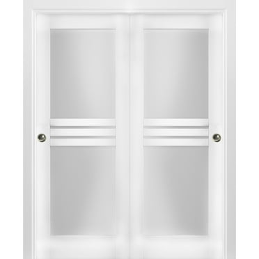 Sliding Closet Opaque Glass 4 Lites Bypass Doors 36 x 80 inches / Mela 7222 White Silk / Rails Hardware Set / Wood Solid Bedroom Wardrobe Doors