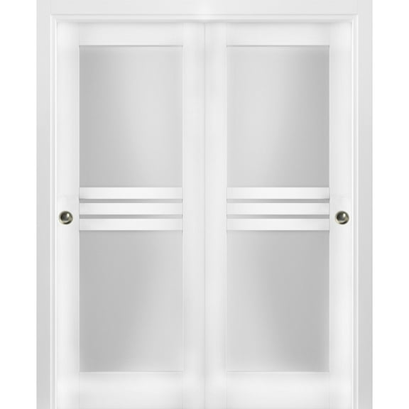 Sliding Closet Opaque Glass 4 Lites Bypass Doors 48 x 80 inches / Mela 7222 White Silk / Rails Hardware Set / Wood Solid Bedroom Wardrobe Doors