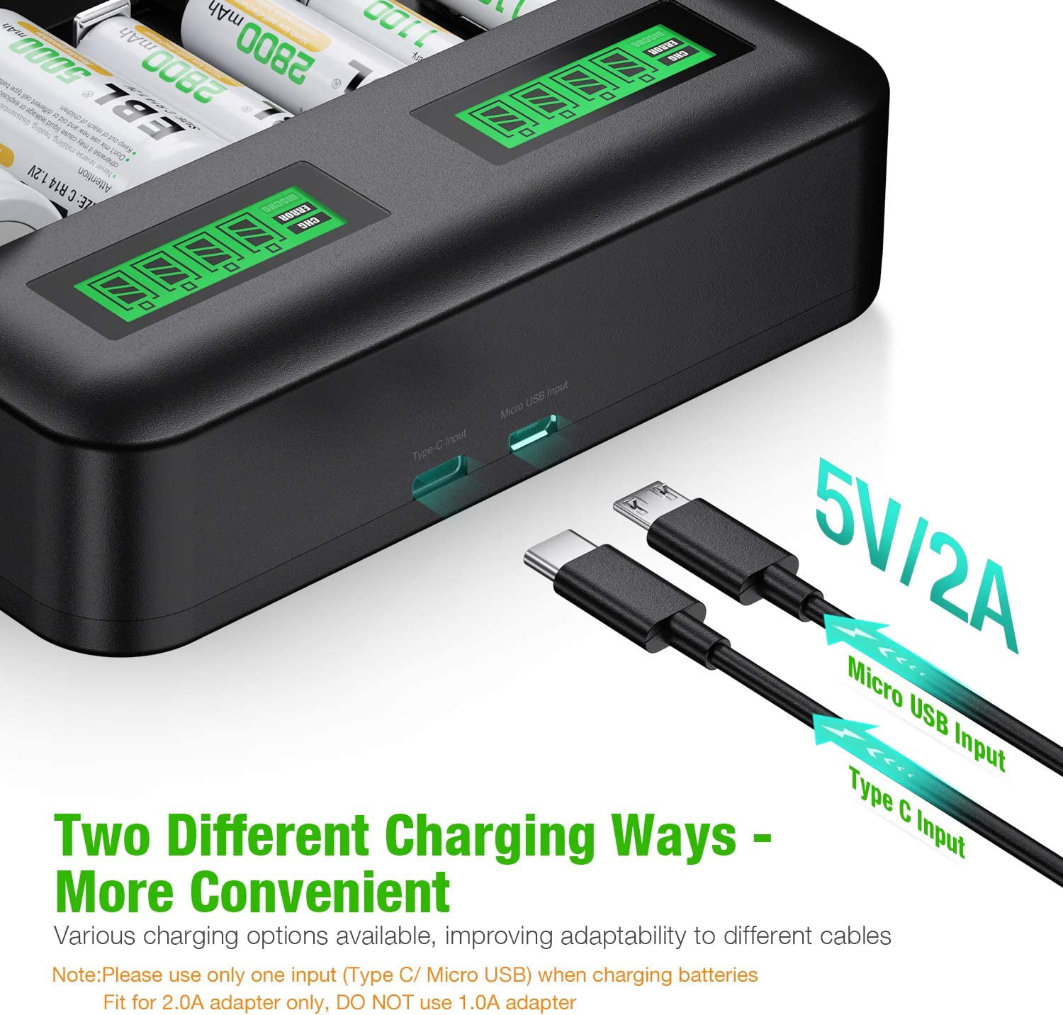 EBL Battery Charger for AA/AAA/C/D Rechargeable Battery with 1.2V NiMH Rechargeable AA Battery 2800mAh(4Pcs) and 1100mAh AAA Battery(4Pcs) Combo