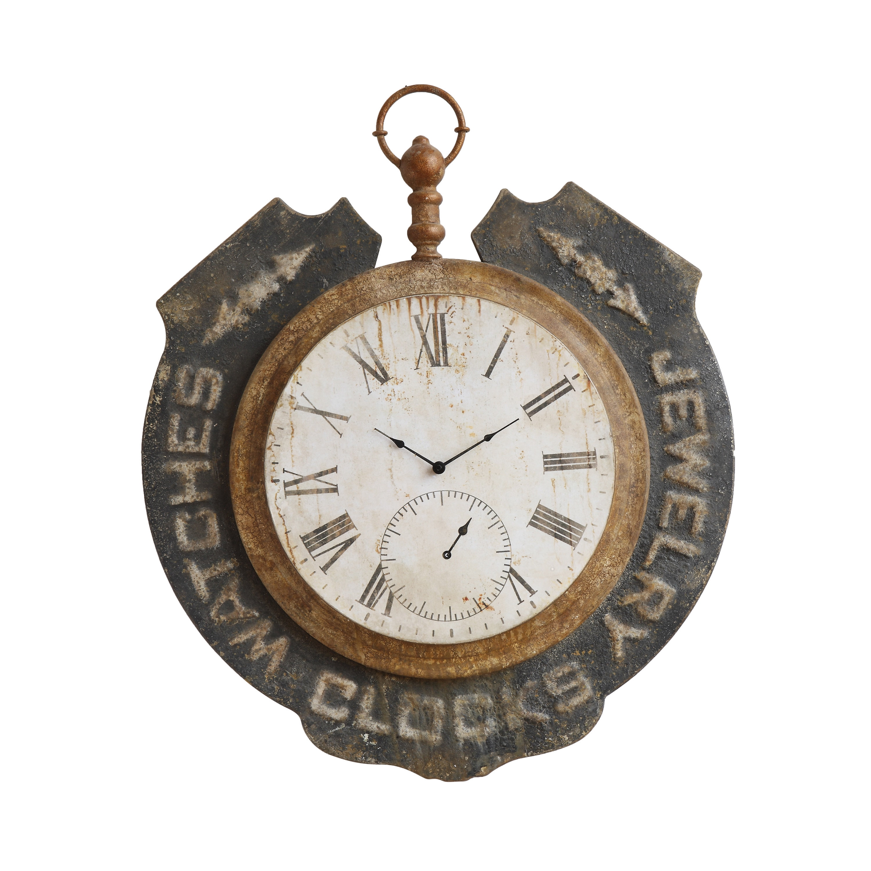 Creative CoOp Distressed Metal Clock with "Clocks, Watches, Jewelry