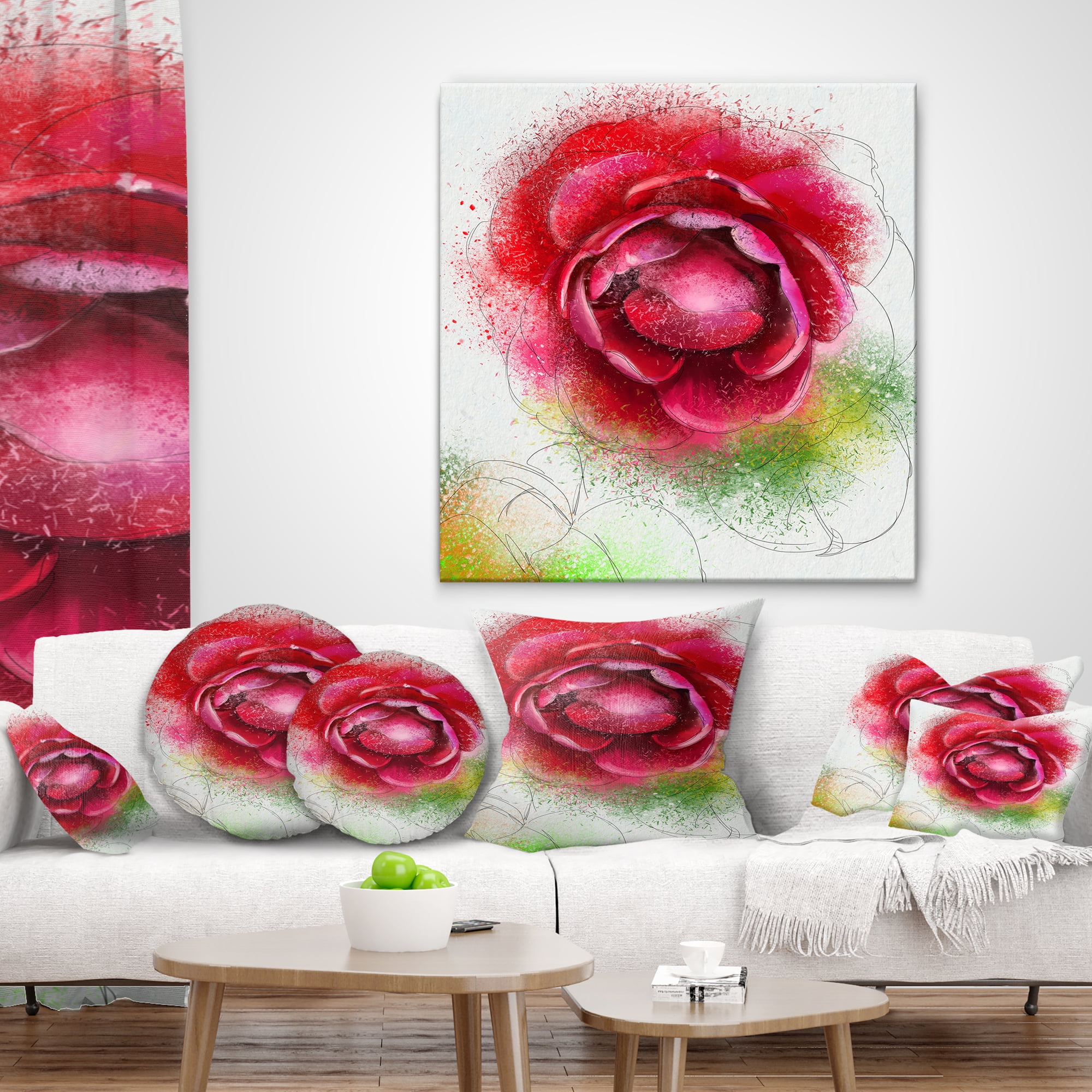Designart Large Blooming Red Rose on White - Flowers Throw Pillowwork - 12x20