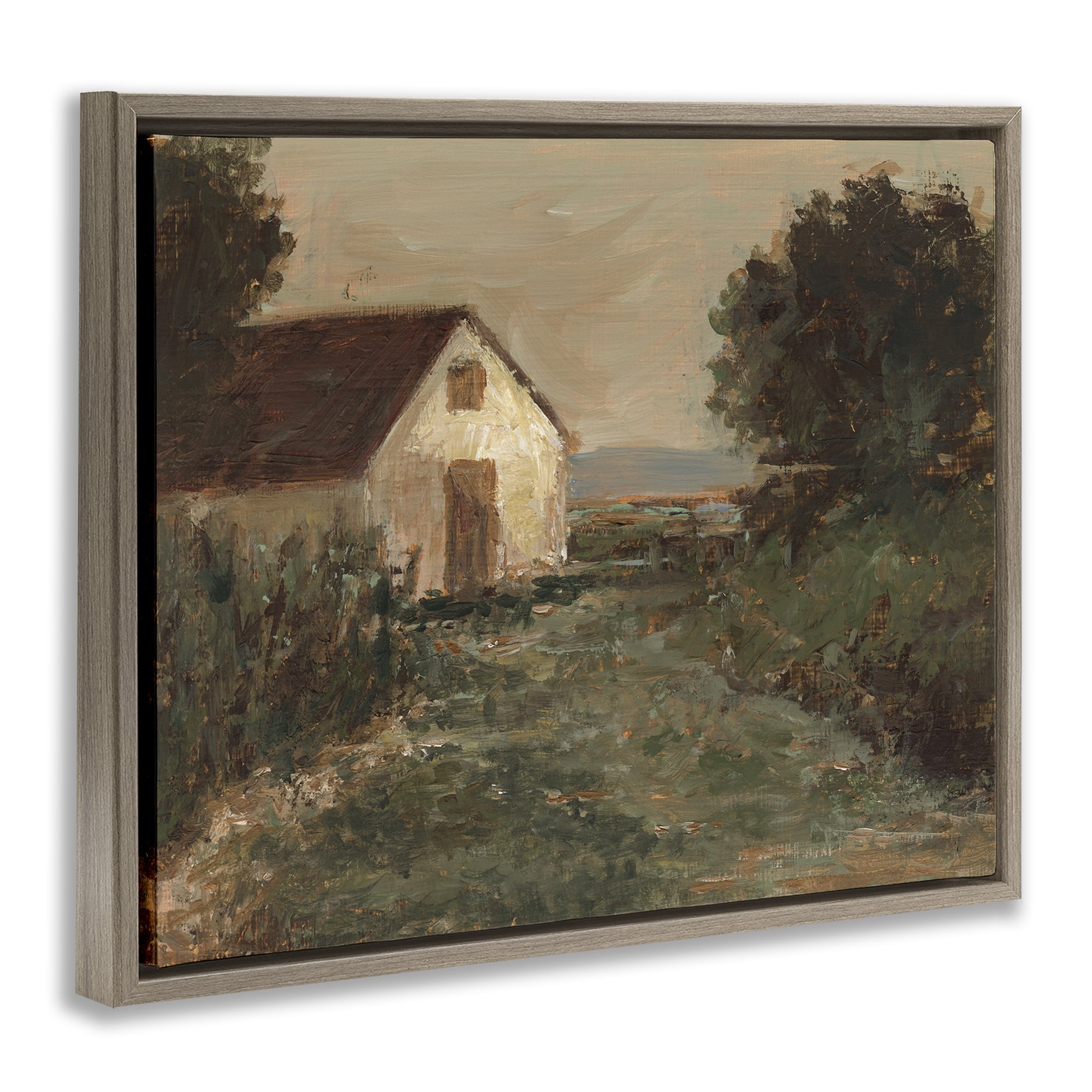 Stupell Industries Traditional Cottage by Sea Landscape & Nature Painting Brown Floater Framed Canvas Art Print Wall Art, 31 x 25